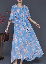 Women Blue Ruffled Print Chiffon Dresses Cloak Sleeves