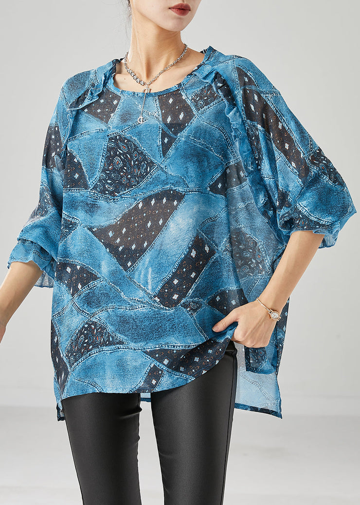 Women Blue Ruffled Print Chiffon Tanks Fall