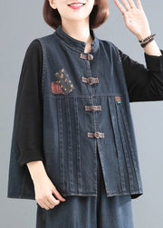 Women Blue Stand Collar Patchwork Denim Coat Sleeveless