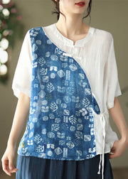 Women Blue Stand Collar Print Patchwork Linen Shirt Top Summer