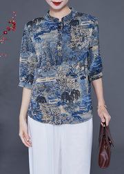 Women Blue Stand Collar Print Silk Shirt Tops Half Sleeve