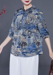 Women Blue Stand Collar Print Silk Shirt Tops Half Sleeve