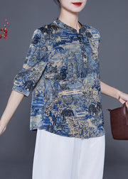 Women Blue Stand Collar Print Silk Shirt Tops Half Sleeve