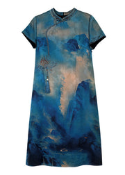 Women Blue Stand Collar Tasseled Print Silk Dress Summer