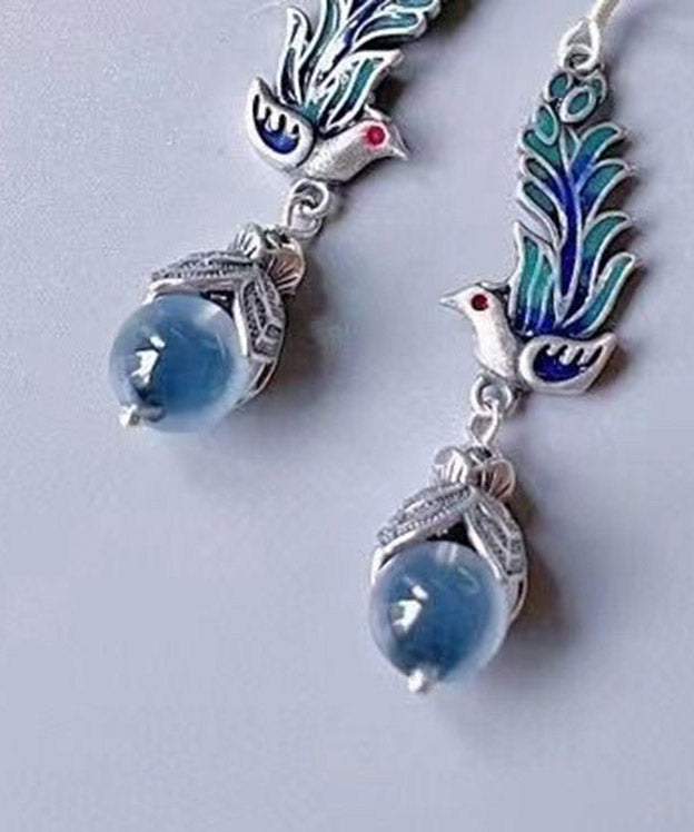 Women Blue Sterling Silver Cloisonne Enamel Phoenix Drop Earrings