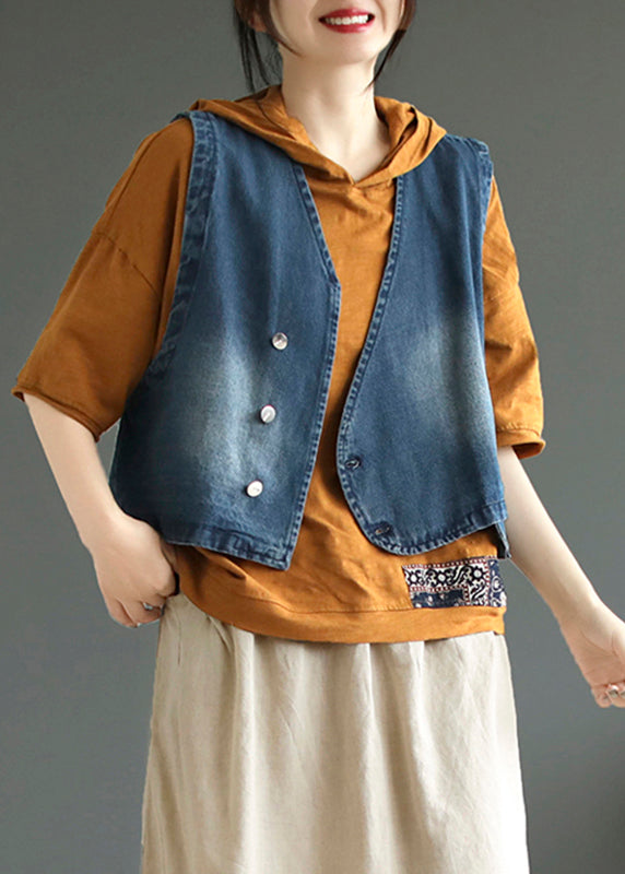 Women Blue V Neck Asymmetrical Denim Coats Sleeveless