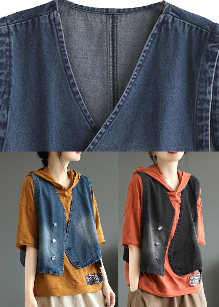 Women Blue V Neck Asymmetrical Denim Coats Sleeveless