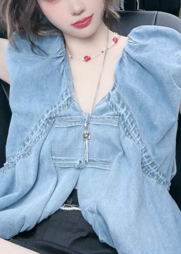 Women Blue V Neck Button Denim Tops Sleeveless