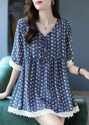 Women Blue V Neck Lace Patchwork Print Chiffon Top Half Sleeve