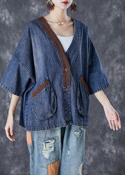 Women Blue V Neck Patchwork Pockets Denim Coats Summer