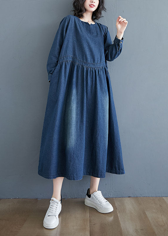 Women Blue V-Neck Pockets Wrinkled Patchwork Denim Dress Fall