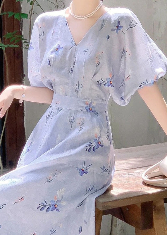 Women Blue V Neck Print Cotton Long Dress Summer