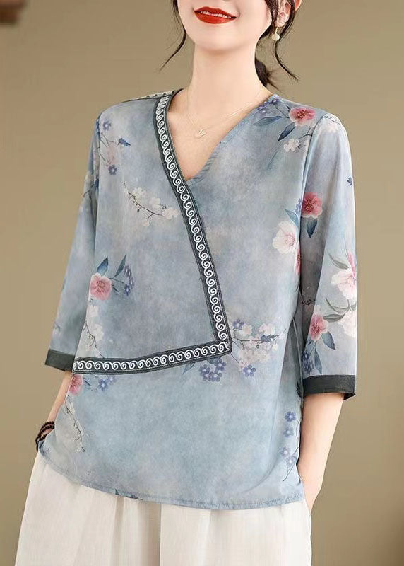 Women Blue V Neck Print Patchwork Cotton Tops Summer