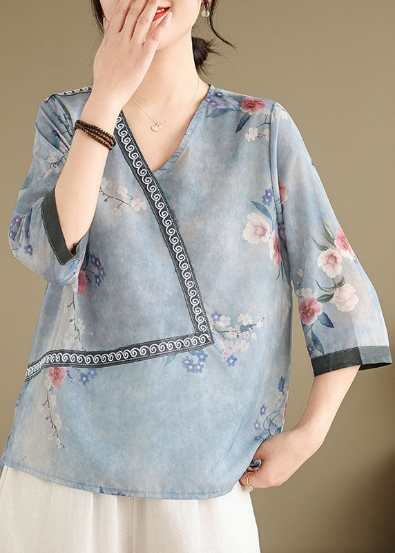 Women Blue V Neck Print Patchwork Cotton Tops Summer