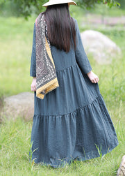 Women Blue V Neck Solid Patchwork Cotton Long Dresses Spring