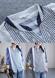 Women Blue V Neck Striped Cotton Blouses Bracelet Sleeve