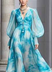 Women Blue V Neck Tie Dye Chiffon Maxi Dresses Fall