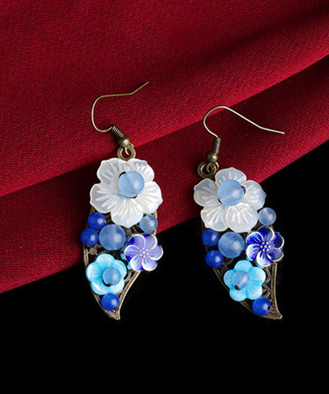 Women Blue White Copper Shell Flower Chalcedony Cloisonne Drop Earrings