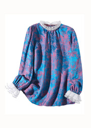 Women Blue Wrinkled Patchwork Print Silk Top Spring