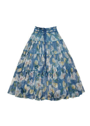 Women Blue Wrinkled Print Lace Up Exra Large Hem Silk Skirt Spring