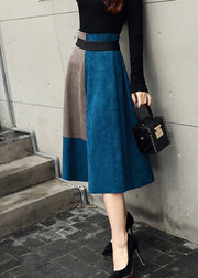 Women Blue zippered High Waist Patchwork Faux Suede Skirts Fall