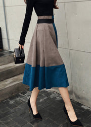 Women Blue zippered High Waist Patchwork Faux Suede Skirts Fall