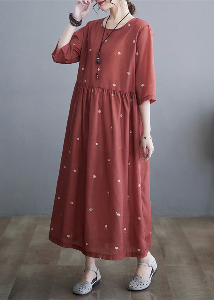 Women Brick Red Cinched Print Linen Dress Half Sleeve