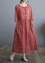 Women Brick Red Cinched Print Linen Dress Half Sleeve