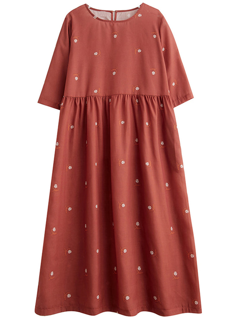 Women Brick Red Cinched Print Linen Dress Half Sleeve