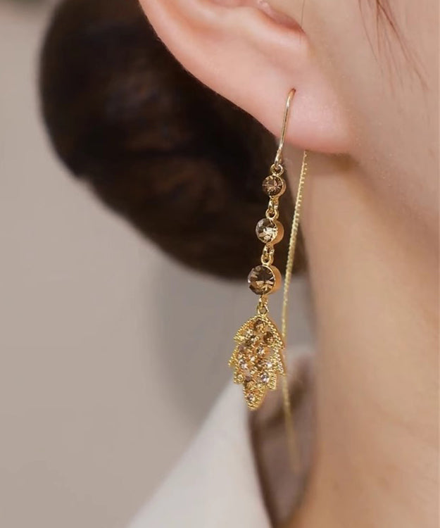 Women Brown Alloy Zircon Leaves Tassel Drop Earrings