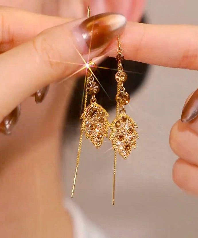 Women Brown Alloy Zircon Leaves Tassel Drop Earrings