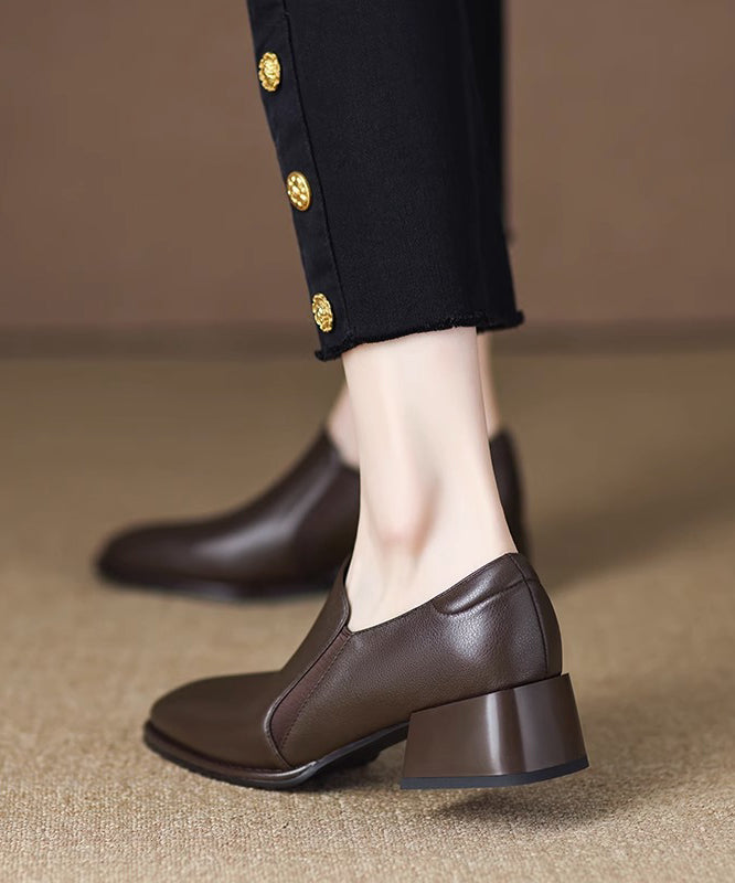 Women Brown Cowhide Leather Chunky Heel Penny Loafers