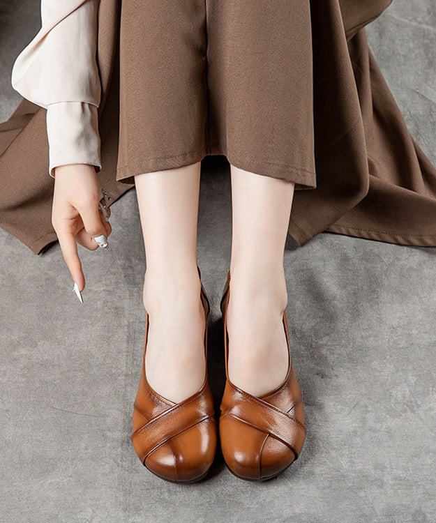 Women Brown Cowhide Leather Splicing Flat Shoes