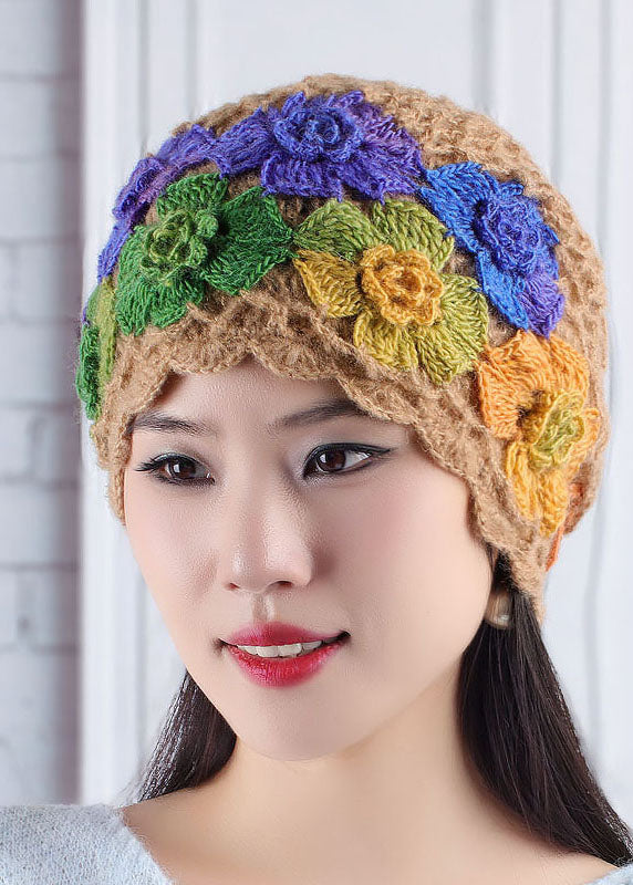 Women Brown Floral Knitted Cotton Bonnie Hat