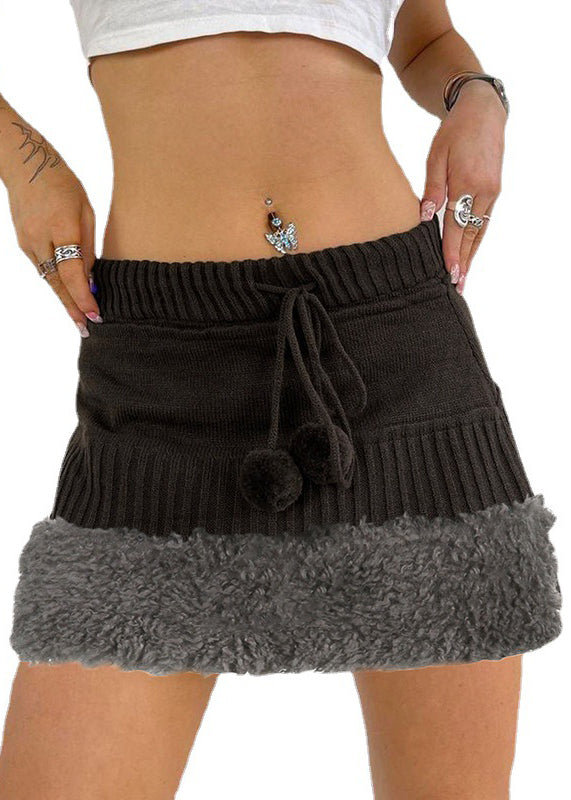 Women Brown Fluffy Elastic Waist Patchwork Knit Skirts Fall