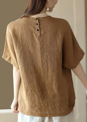 Women Brown O Neck Patchwork Linen T Shirt Top Summer