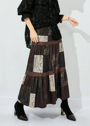 Women Brown Print Patchwork Wrinkled Silk Skirts Summer