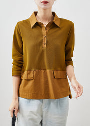 Women Brown Ruffled Patchwork Cotton Shirts Spring