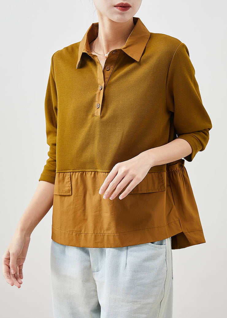 Women Brown Ruffled Patchwork Cotton Shirts Spring