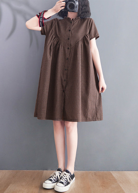 Women Brown Ruffled Plaid Linen A Line Dress Summer