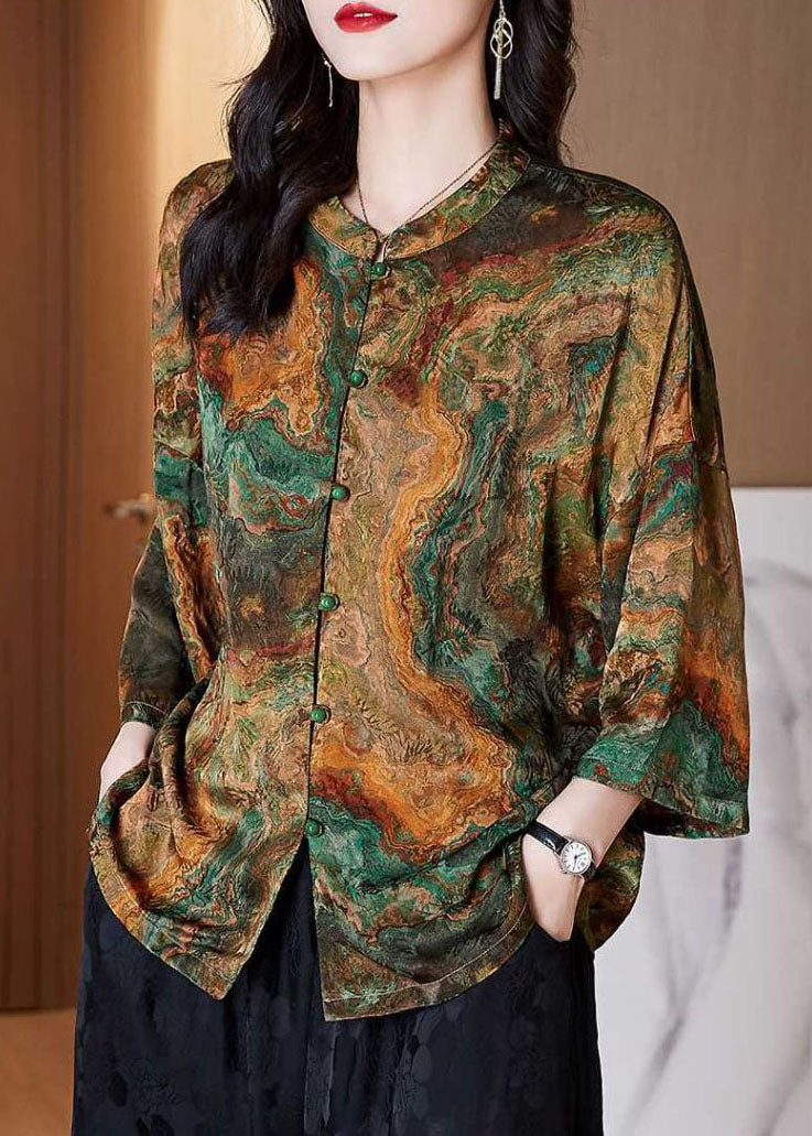 Women Red Stand Collar Button Print Patchwork Silk Blouse Top Summer