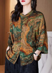 Women Black-floral Stand Collar Button Print Patchwork Silk Blouse Top Summer