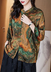 Women Brown Stand Collar Button Print Patchwork Silk Blouse Top Summer