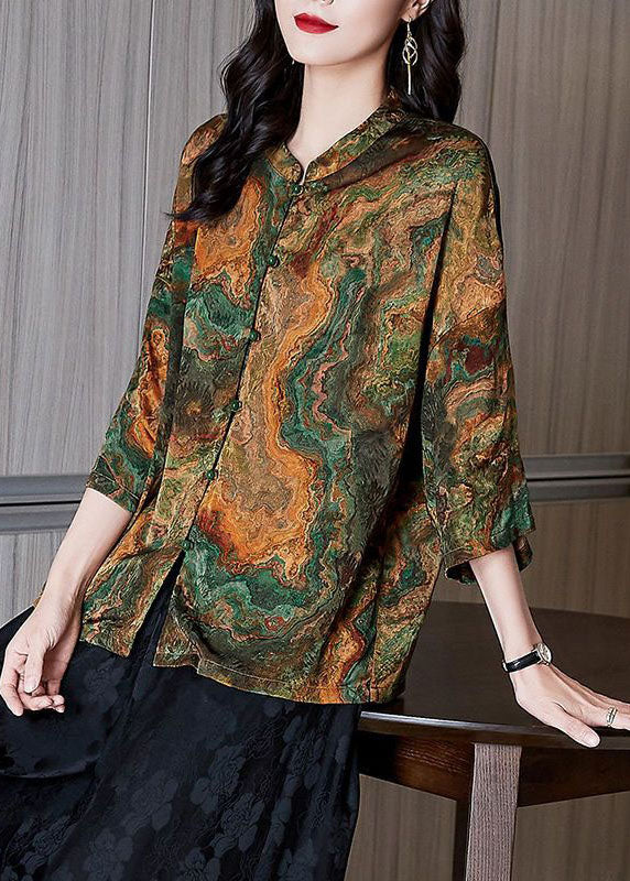 Women Red Stand Collar Button Print Patchwork Silk Blouse Top Summer