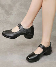 Women Buckle Strap Splicing Chunky Black Cowhide Leather Dance Shoes