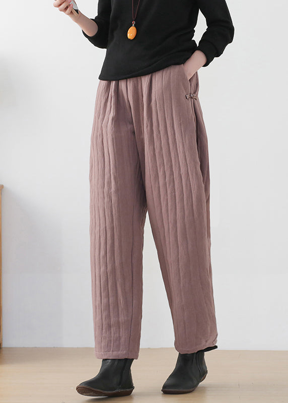 Women Button Pockets Elastic Waist Cotton Lantern Pants Winter