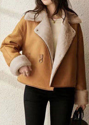 Women Camel Peter Pan Collar Pockets Warm Fleece Faux Suede Coat Long Sleeve