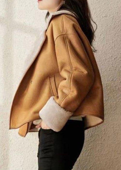 Women Camel Peter Pan Collar Pockets Warm Fleece Faux Suede Coat Long Sleeve