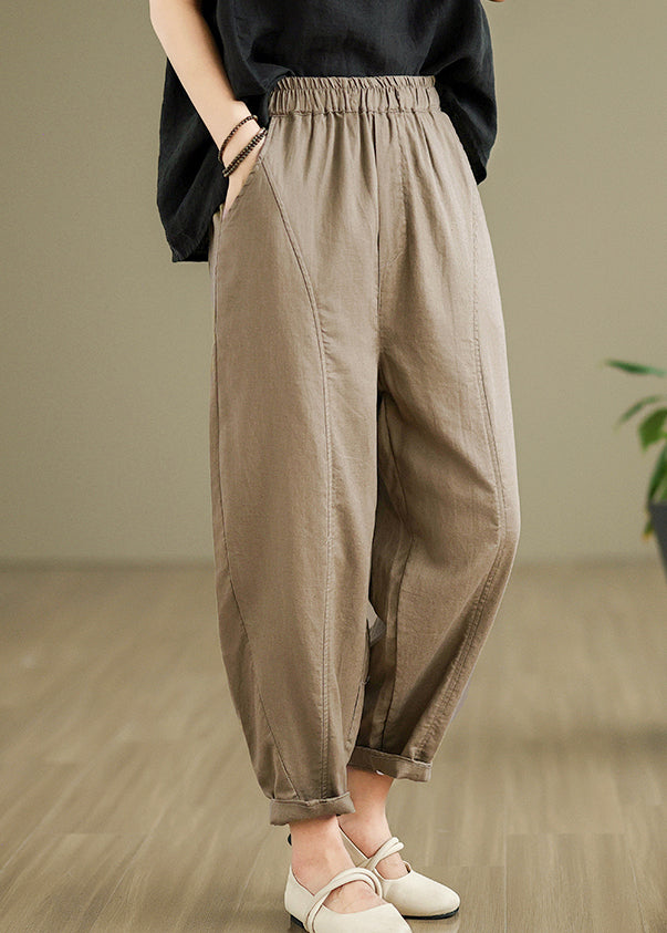 Women Camel Pockets Elastic Waist Cotton Pants Fall