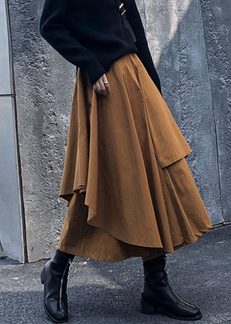 Women Caramel Asymmetrical High Waist Patchwork Cotton Pants Skirt Fall